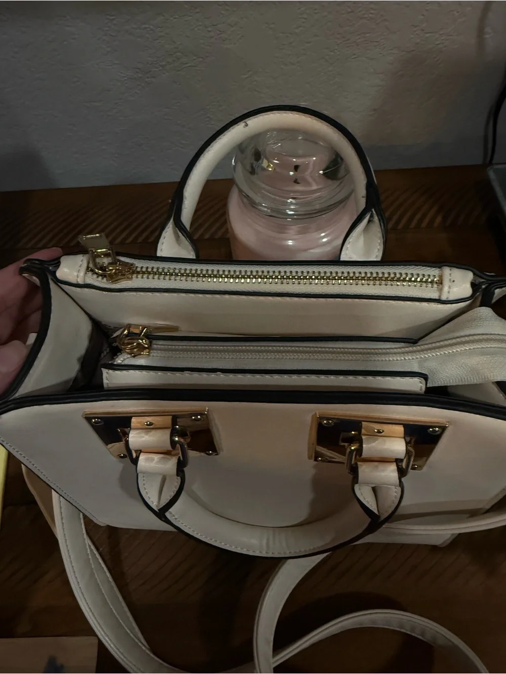 Cream Structured Top-Handle Satchel with Gold Hardware